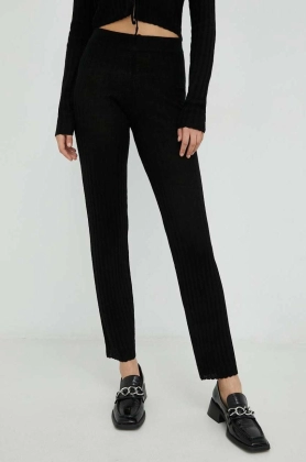 Resume pantaloni de lana femei, culoarea negru, drept, high waist