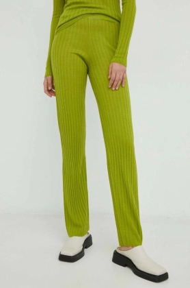 Resume pantaloni de lana femei, culoarea verde, drept, high waist