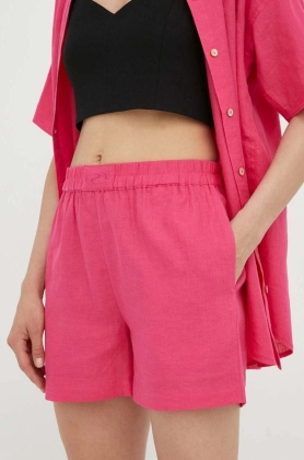 Resume pantaloni scurti din in culoarea roz, neted, high waist