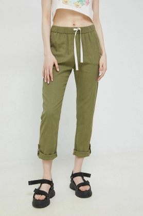 Roxy pantaloni din in femei, culoarea verde, drept, high waist