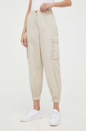 Sisley pantaloni de bumbac culoarea bej, fason cargo, high waist