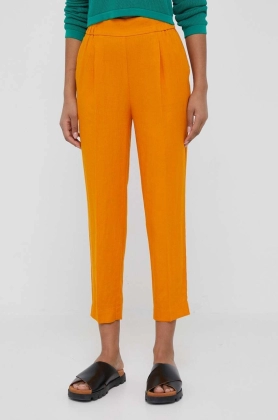 Sisley pantaloni din in culoarea portocaliu, fason tigareta, high waist