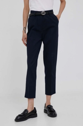 Sisley pantaloni femei, culoarea albastru marin, fason tigareta, high waist