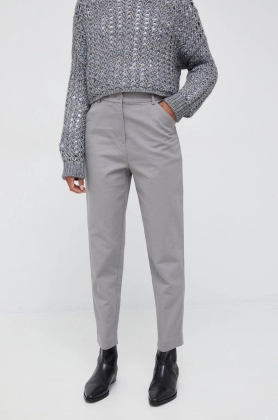 Sisley pantaloni femei, culoarea gri, fason chinos, high waist