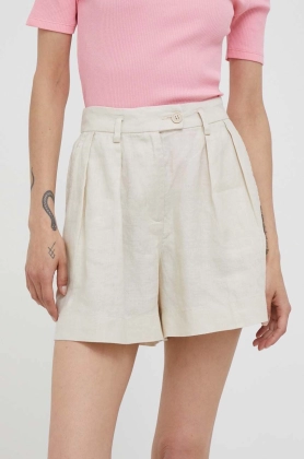 Sisley pantaloni scurti din in culoarea bej, neted, high waist