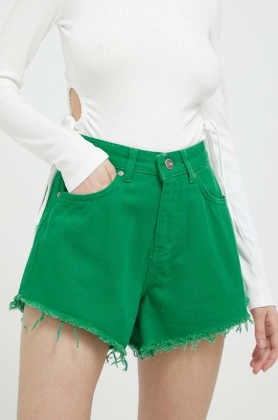 Sixth June pantaloni scurti jeans femei, culoarea verde, neted, high waist