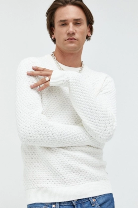 Solid pulover de bumbac barbati, culoarea alb, light