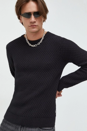 Solid pulover de bumbac barbati, culoarea negru, light