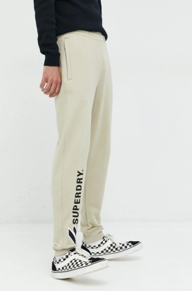 Superdry pantaloni de trening din bumbac barbati, culoarea bej, cu imprimeu