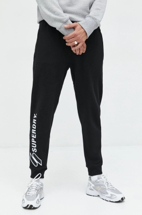 Superdry pantaloni de trening din bumbac barbati, culoarea negru, cu imprimeu
