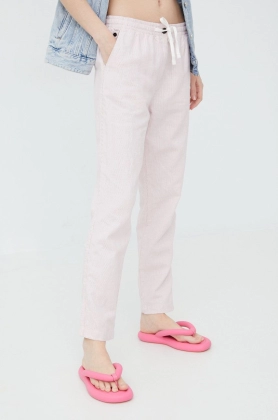 Superdry pantaloni din in femei, culoarea roz, drept, high waist