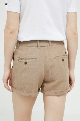 Superdry pantaloni scurti din in culoarea maro, neted, high waist