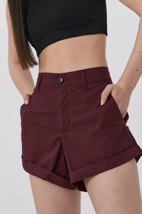 Superdry Pantaloni scurti femei, culoarea bordo, material neted, medium waist