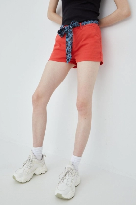 Superdry pantaloni scurti femei, culoarea rosu, neted, medium waist