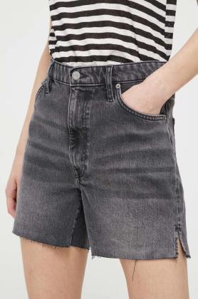 Superdry pantaloni scurti jeans femei, culoarea gri, neted, high waist