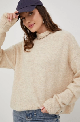 Superdry pulover din amestec de lana femei, culoarea bej, light, cu turtleneck
