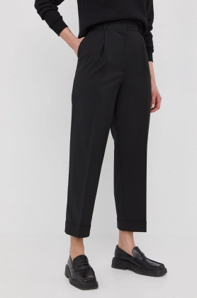 The Kooples pantaloni de lana femei, culoarea negru, drept, high waist