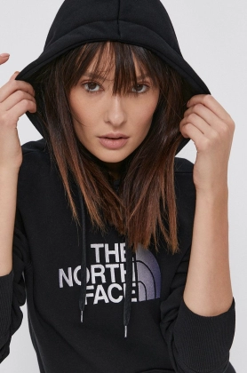 The North Face hanorac de bumbac femei, culoarea negru, cu gluga, cu imprimeu