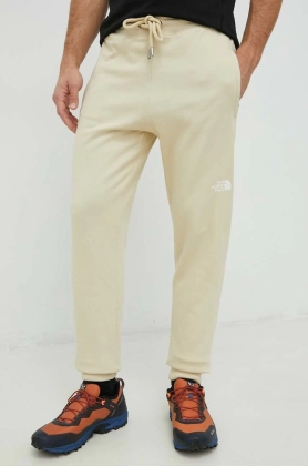The North Face pantaloni de trening din bumbac barbati, culoarea bej, neted