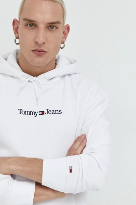 Tommy Jeans bluza barbati, culoarea alb, cu gluga, cu imprimeu