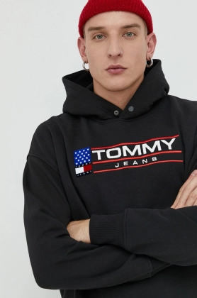 Tommy Jeans bluza barbati, culoarea negru, cu gluga, cu imprimeu