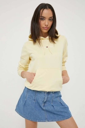Tommy Jeans bluza femei, culoarea galben, cu gluga, neted