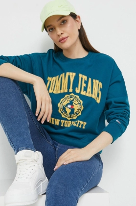 Tommy Jeans bluza femei, culoarea turcoaz, cu imprimeu
