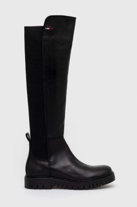 Tommy Jeans cizme Long Leather Tommy Jeans Boot femei, culoarea negru, cu platforma