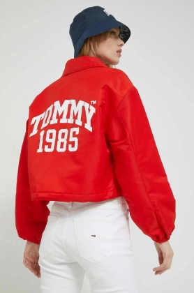 Tommy Jeans geaca femei, culoarea rosu, de tranzitie