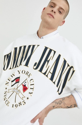 Tommy Jeans hanorac de bumbac barbati, culoarea alb, cu imprimeu