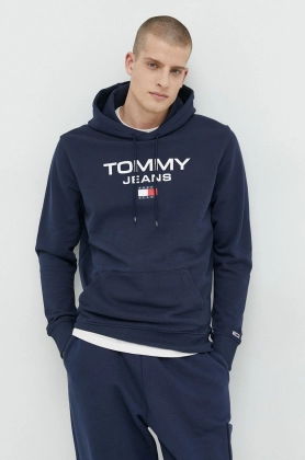Tommy Jeans hanorac de bumbac barbati, culoarea albastru marin, cu gluga, cu imprimeu