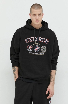 Tommy Jeans hanorac de bumbac barbati, culoarea negru, cu gluga, cu imprimeu