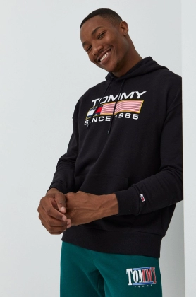 Tommy Jeans hanorac de bumbac barbati, culoarea negru, cu imprimeu
