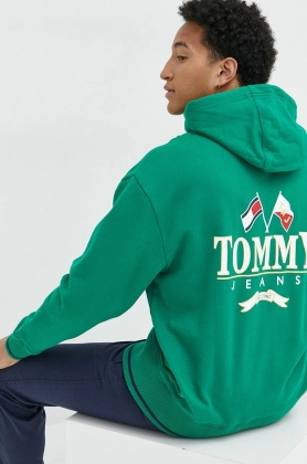 Tommy Jeans hanorac de bumbac barbati, culoarea verde, cu gluga, cu imprimeu