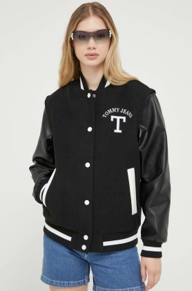 Tommy Jeans jacheta bomber din amestec de lana culoarea negru, de tranzitie