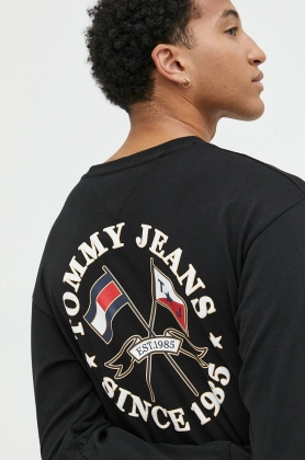 Tommy Jeans longsleeve din bumbac culoarea negru, cu imprimeu