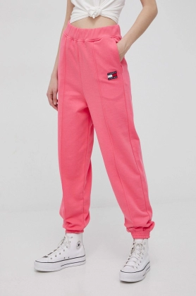 Tommy Jeans pantaloni de bumbac femei, culoarea roz, neted