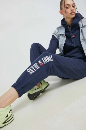 Tommy Jeans pantaloni de trening culoarea albastru marin, cu imprimeu