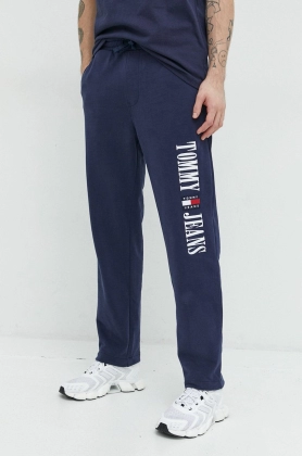 Tommy Jeans pantaloni de trening din bumbac barbati, culoarea albastru marin, cu imprimeu