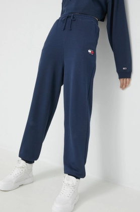 Tommy Jeans pantaloni de trening din bumbac femei, culoarea albastru marin, cu imprimeu