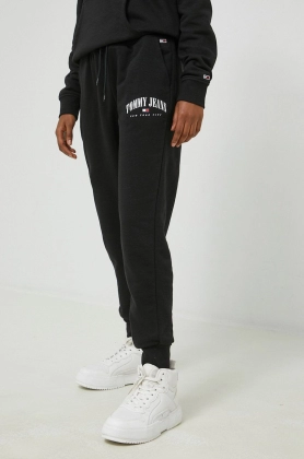 Tommy Jeans pantaloni de trening femei, culoarea negru, cu imprimeu