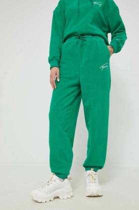 Tommy Jeans pantaloni de trening femei, culoarea verde, neted