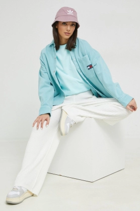 Tommy Jeans pantaloni femei, culoarea alb, lat, high waist