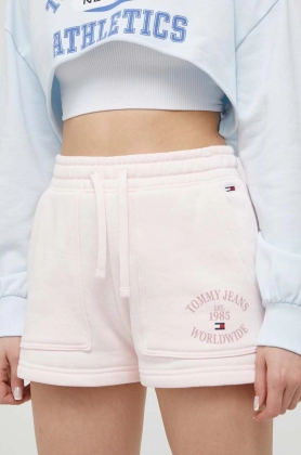 Tommy Jeans pantaloni scurti din bumbac culoarea roz, cu imprimeu, high waist