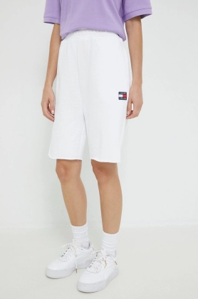 Tommy Jeans pantaloni scurti din bumbac femei, culoarea alb, neted, high waist