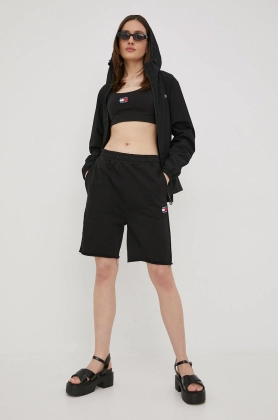 Tommy Jeans pantaloni scurti din bumbac femei, culoarea negru, neted, high waist