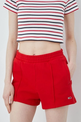 Tommy Jeans pantaloni scurti din bumbac femei, culoarea rosu, neted, high waist