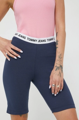 Tommy Jeans pantaloni scurti femei, culoarea albastru marin, neted, high waist