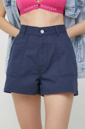 Tommy Jeans pantaloni scurti femei, culoarea albastru marin, neted, high waist