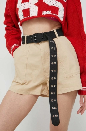 Tommy Jeans pantaloni scurti femei, culoarea bej, neted, high waist